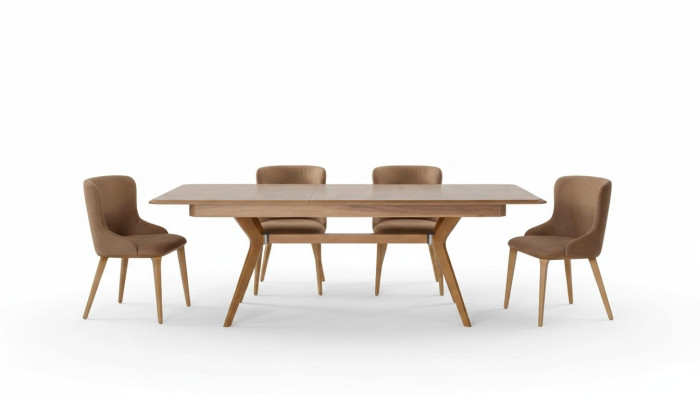 Designer Holz Ess Esszimmer Set Tisch 4x Lehn Stühle Set Garnitur Polster 5tlg