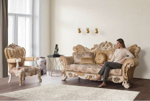 Wohnzimmer Luxus Sofa Beige Sofagarnitur Sofas Sessel 3+1 Sitzer Stoff Design