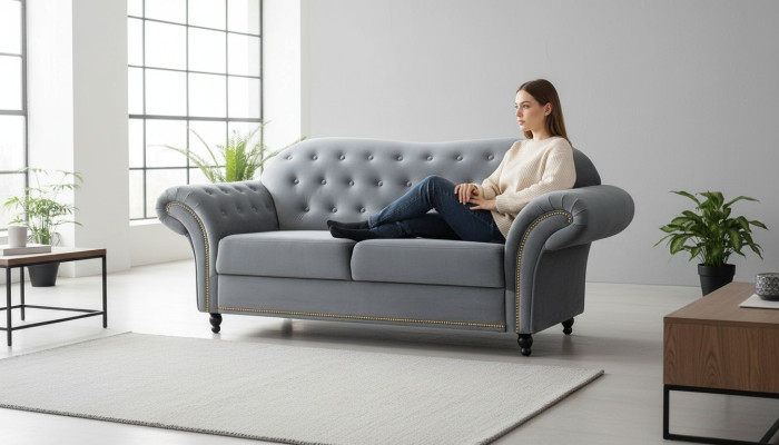 Zweisitzer Graue Chesterfield Couch Polster Möbel Stoff Couchen Sofas Textil