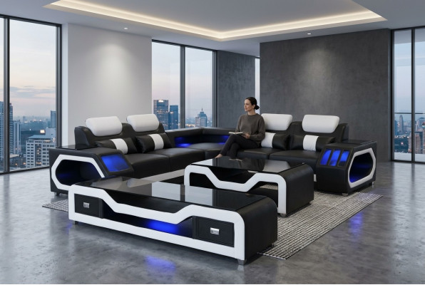 Ledersofa Wohnlandschaft Eck Garnitur Design Modern Sofa mit USB + Couchtisch