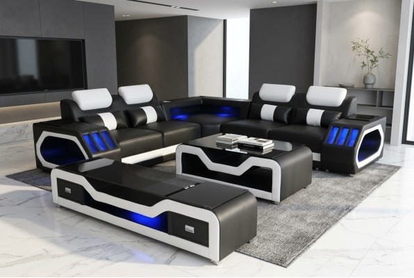 Ledersofa Wohnlandschaft Eck Garnitur Design Modern Sofa mit USB + Couchtisch