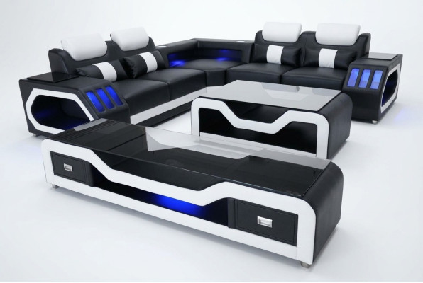 Ledersofa Wohnlandschaft Eck Garnitur Design Modern Sofa mit USB + Couchtisch
