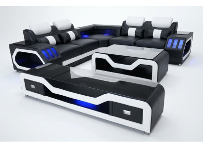 Ledersofa Wohnlandschaft Eck Garnitur Design Modern Sofa mit USB + Couchtisch