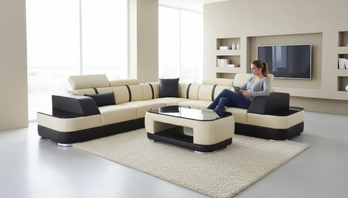 Eck Sofa + USB Leder Polster Ecke Garnitur Couchen L Form+Tisch Wohnlandschaft