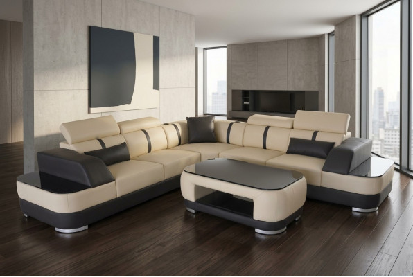 Eck Sofa + USB Leder Polster Ecke Garnitur Couchen L Form+Tisch Wohnlandschaft