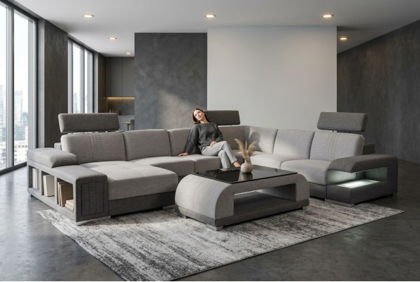 Couchgarnitur Modernes Sofa Ecke Leder Couch Polster Wohnlandschaft USB+Tisch