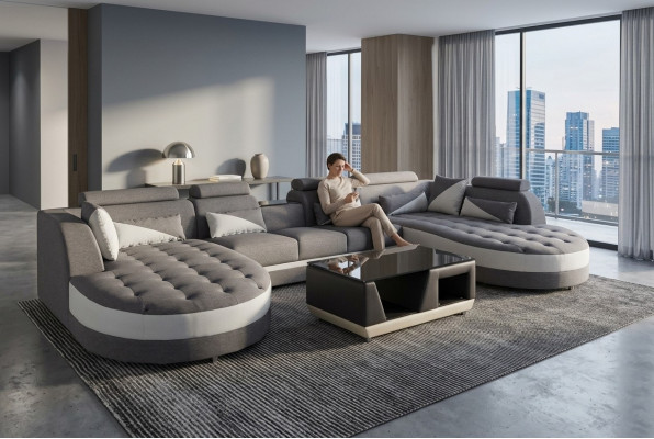 Moderne Textil Couch + USB Anschluss + Couchtisch Wohnlandschaft U förmige Ecke