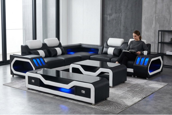Moderne Ledersofa Wohnlandschaft L Form Sofa Couch Sound - USB - Bluethooth Neu