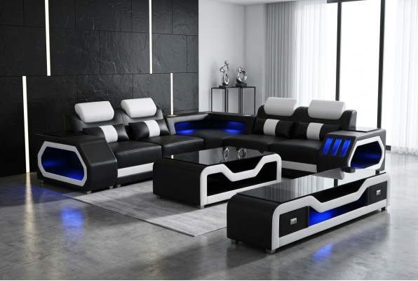 Moderne Ledersofa Wohnlandschaft L Form Sofa Couch Sound - USB - Bluethooth Neu