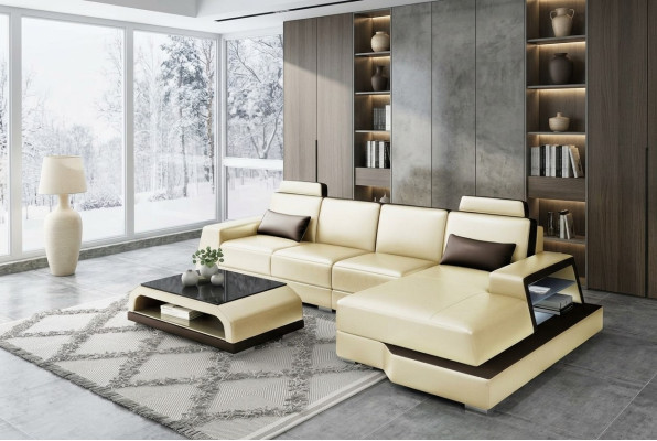 Modern Eckcouch Design Sofa Polster Ecke Wohnlandschaft Leder Textil Couch LED