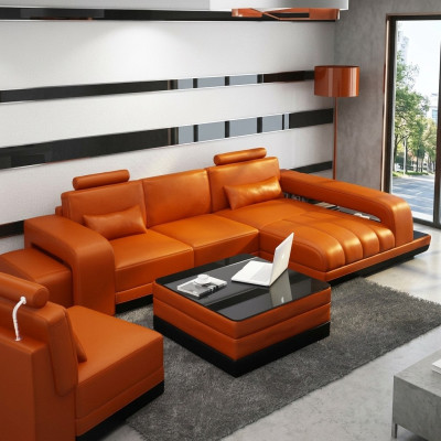 Ledersofa Couch Wohnlandschaft Ecksofa Eck Garnitur Design Sofa USB Orange Neu