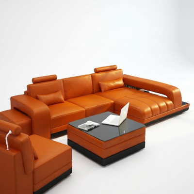 Ledersofa Couch Wohnlandschaft Ecksofa Eck Garnitur Design Sofa USB Orange Neu