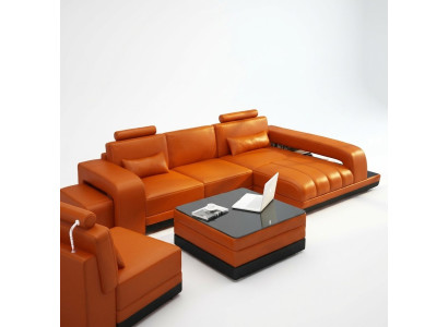 Ledersofa Couch Wohnlandschaft Ecksofa Eck Garnitur Design Sofa USB Orange Neu