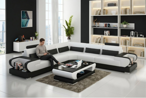 Ledersofa Couch Wohnlandschaft Eck Garnitur Design Modern Sofa mit USB Ecksofa