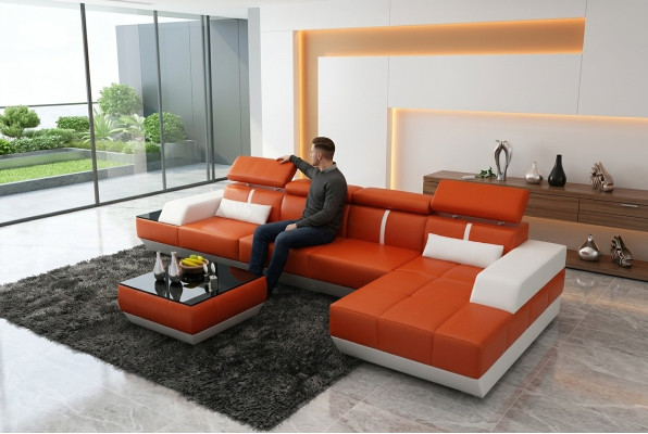 Ledersofa L-Form Couch Wohnlandschaft Ecksofa Garnitur Design Modern  Sofa USB Eu
