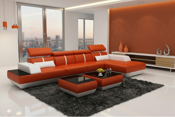 Ledersofa L-Form Couch Wohnlandschaft Ecksofa Garnitur Design Modern  Sofa USB Eu
