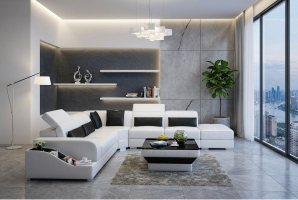 Ledersofa Couch Wohnlandschaft Ecksofa Eck Garnitur Design Modern Sofa mit USB