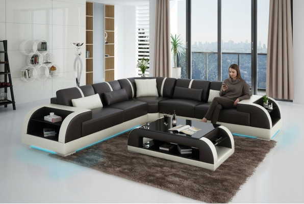 Ledersofa Couch Wohnlandschaft Ecksofa Eck Garnitur Design Modern LED USB Sofa