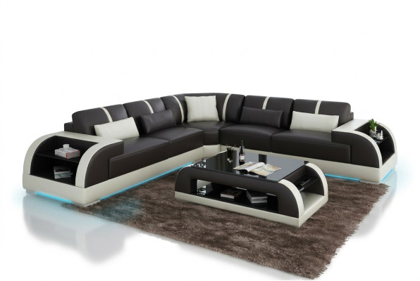 Ledersofa Couch Wohnlandschaft Ecksofa Eck Garnitur Design Modern LED USB Sofa