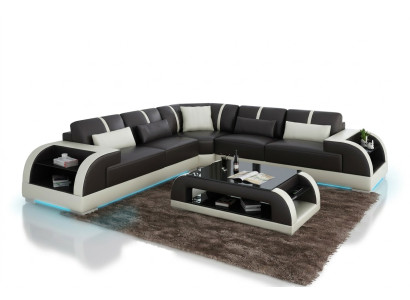 Ledersofa Couch Wohnlandschaft Ecksofa Eck Garnitur Design Modern LED USB Sofa