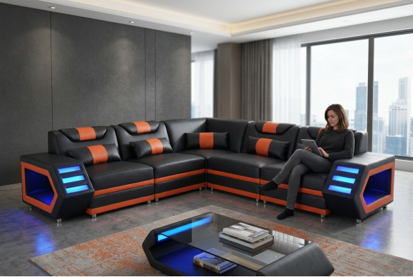Design Leder Polster Sitz Ecke Couch Polster Eck Landschaft Wohn Sofa USB LED