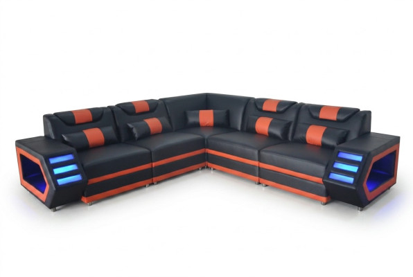 Design Leder Polster Sitz Ecke Couch Polster Eck Landschaft Wohn Sofa USB LED