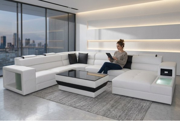 Ecksofa Eckgarnitur Eckcouch Sofa Couch Polster Wohnlandschaft Tisch LED USB Neu