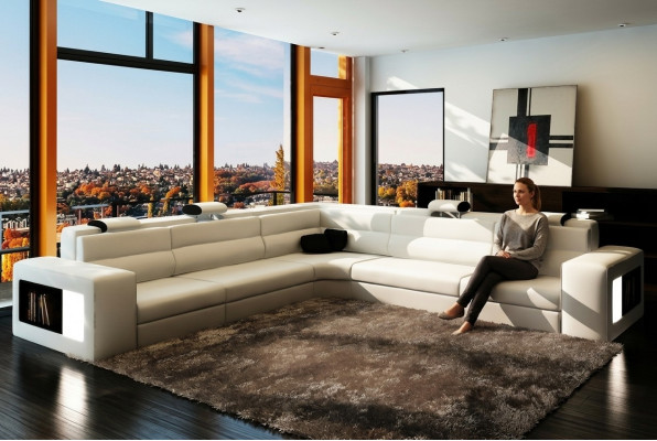 Ledersofa Sofa mit USB,Ecksofa Sitz Polster Wohnlandschaft XXL Big Weiden Weiß