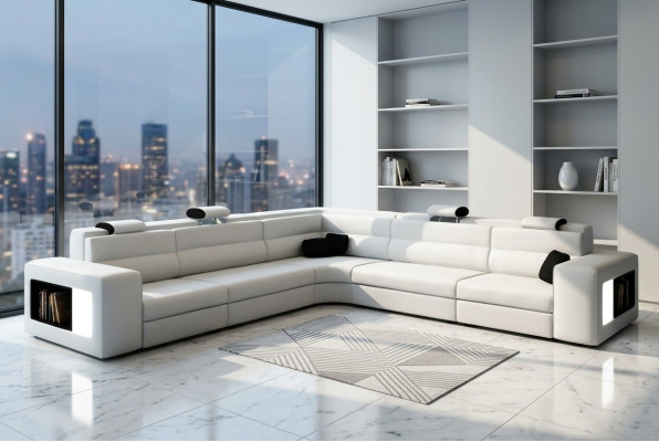Ledersofa Sofa mit USB,Ecksofa Sitz Polster Wohnlandschaft XXL Big Weiden Weiß