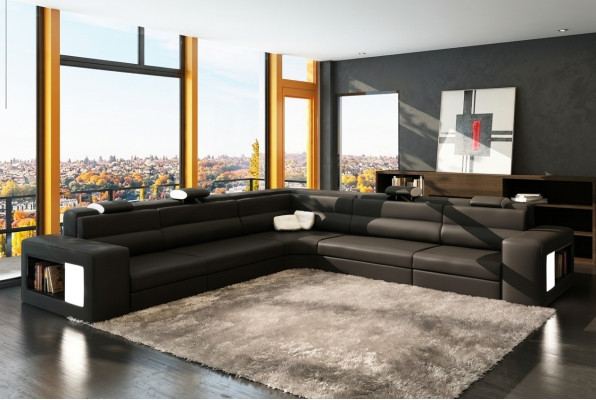 Ledersofa Sofa mit USB Ecksofa Sitz Polster Wohnlandschaft XXL Big Weiden Black