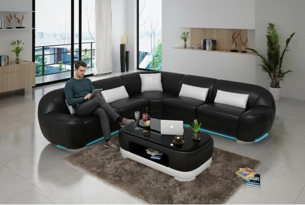 Ledersofa Couch Wohnlandschaft Ecksofa Eck Garnitur Modern Sofa USB Maßfertigung