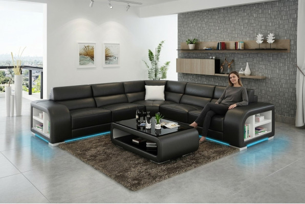 Ledersofa Couch Wohnlandschaft Ecksofa Eck Garnitur Design Sofa USB Maßfertigung