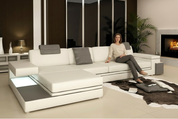 Ecksofa mit USB Couch Sofa Wohnlandschaft Sitz Eck Garnitur Leder Textil PHM88