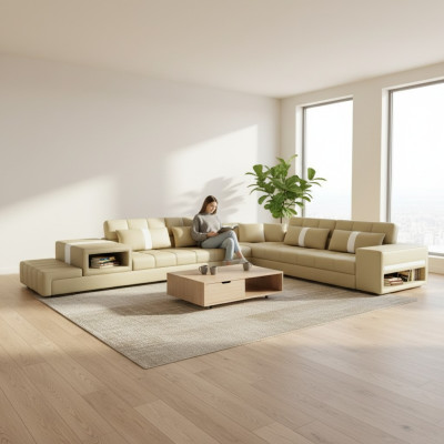 Ecksofa Sofa Couch USB Polster Wohnlandschaft Ledersofa design L Form Neu Beige