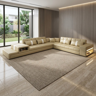 Ecksofa Sofa Couch USB Polster Wohnlandschaft Ledersofa design L Form Neu Beige