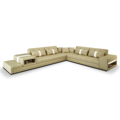 Ecksofa Sofa Couch USB Polster Wohnlandschaft Ledersofa design L Form Neu Beige