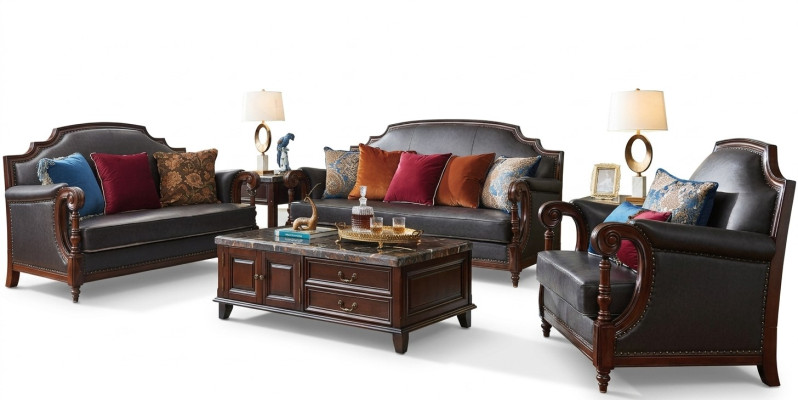 Luxus Möbel Sofagarnitur Couch Sofa 3 2 1 Sitzer Wohnzimmer Holz 3tlg.
