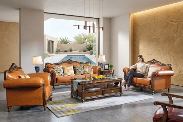 Amerikanische Sofagarnitur Ledersofa Couch Polster 321 Holz Sitzer