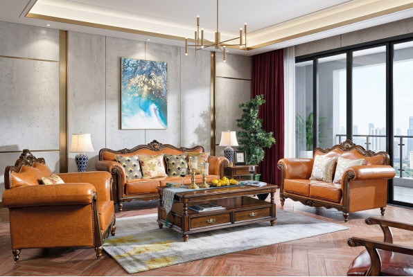 Amerikanische Sofagarnitur Ledersofa Couch Polster 321 Holz Sitzer