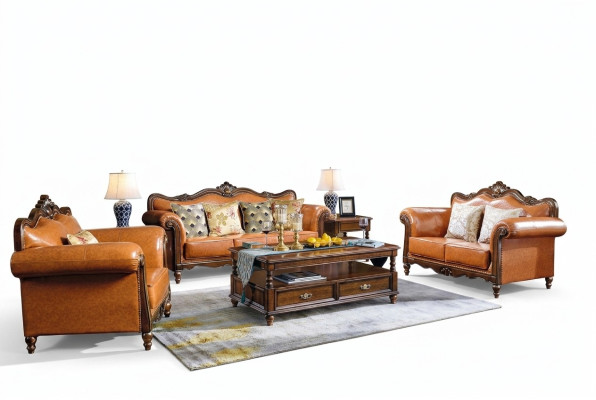 Amerikanische Sofagarnitur Ledersofa Couch Polster 321 Holz Sitzer