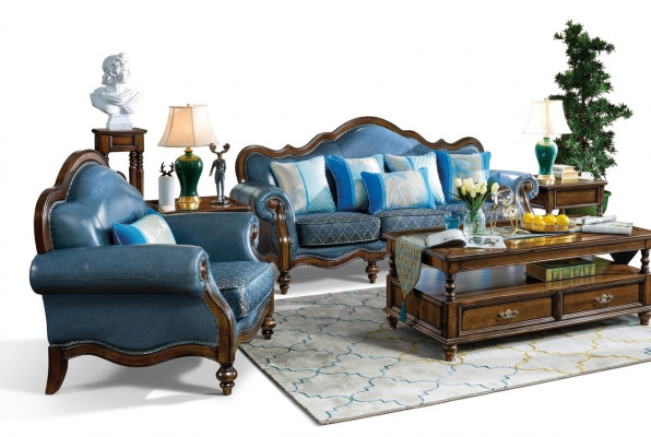Blaue Barock Rokoko Chesterfield Sofagarnitur Sofa 3+1 Sitz Garnitur