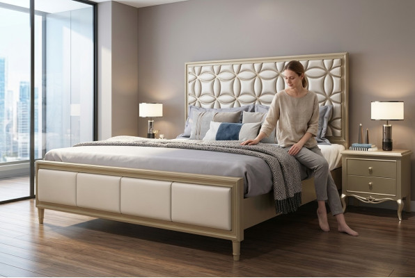 Bett Betten Doppelbett Schlafzimmer Kunstleder Polster Beige Doppelbetten Neu