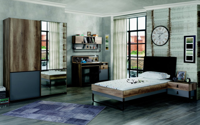 Modernes Jugendzimmer Set Bett Nachttisch Tisch Schlafzimmer Wandregal 6tlg. 
