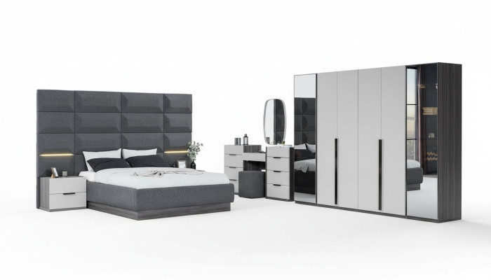 Komplett Schlafzimmer Möbel Set Bett 2x Nachttisch Schminktisch Spiegel 5tlg Neu