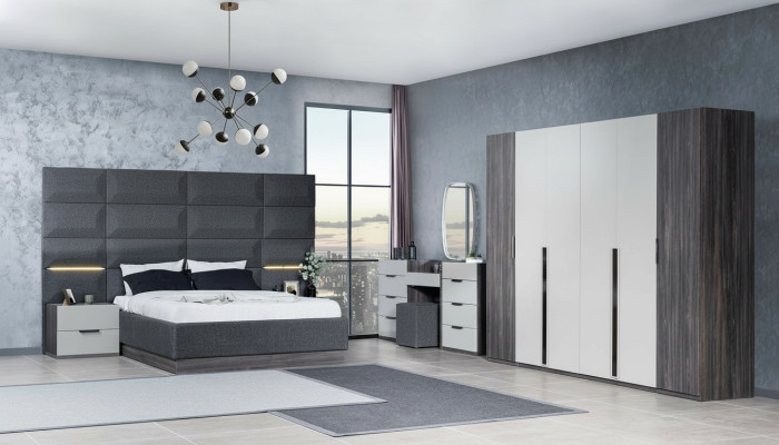 Schlafzimmer Bett Nachttisch Kleiderschrank Kommode mit Spiegel Möbel Set 5tlg