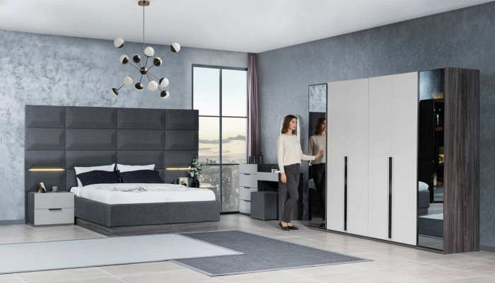 Schlafzimmer Bett Nachttisch Kleiderschrank Kommode mit Spiegel Möbel Holz Luxus