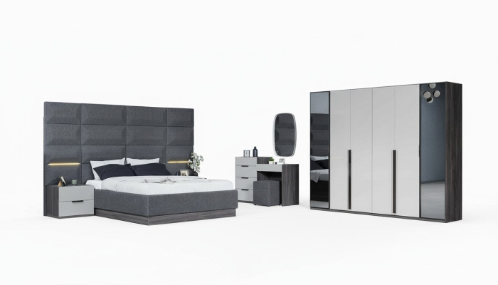 Schlafzimmer Bett Nachttisch Kleiderschrank Kommode mit Spiegel Möbel Holz Luxus