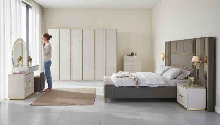 Luxus Komplett Schlafzimmer Set Beige Gold Kommode Bett Nachttisch 7tlg. Glanz