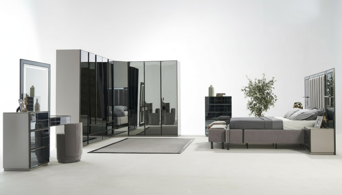 Luxus Glas Schlafzimmer Bett Nachttisch Eckschrank Kommod Spiegel Hocker Grau