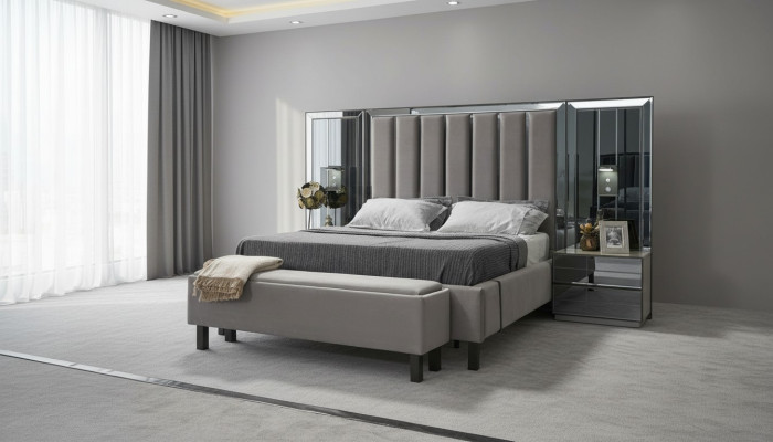 Schlafzimmer Set Bett 2x Nachttisch Hocker Doppel Betten Polster Möbel 4tlg. Neu